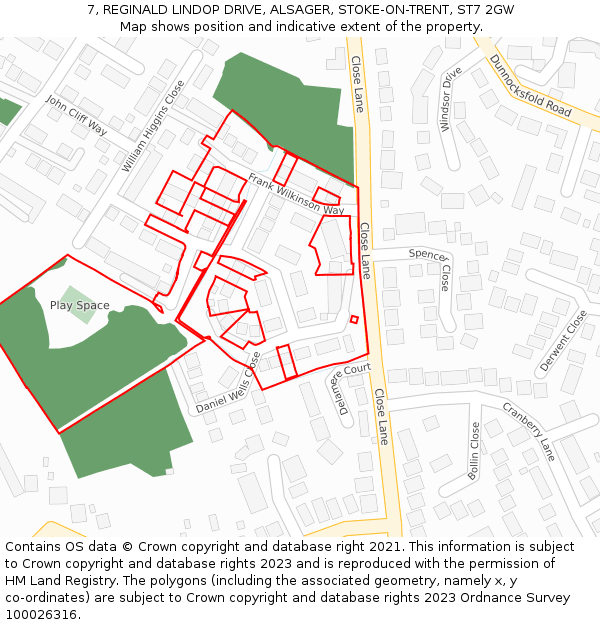 7, REGINALD LINDOP DRIVE, ALSAGER, STOKE-ON-TRENT, ST7 2GW: Location map and indicative extent of plot