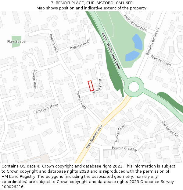 7, RENOIR PLACE, CHELMSFORD, CM1 6FP: Location map and indicative extent of plot