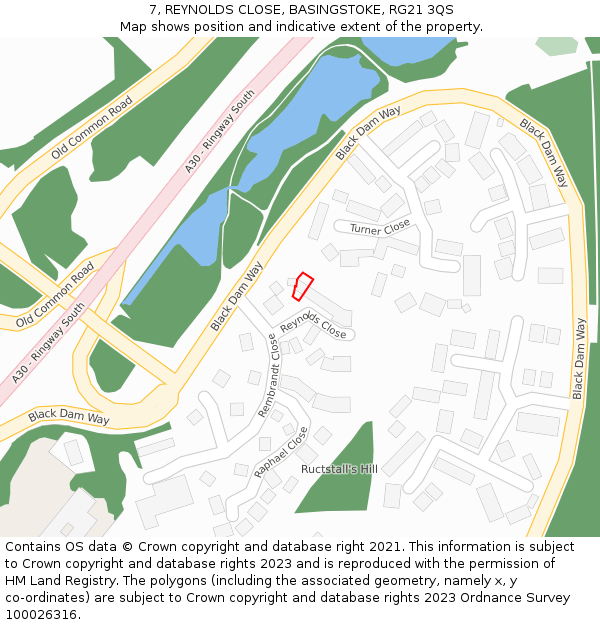 7, REYNOLDS CLOSE, BASINGSTOKE, RG21 3QS: Location map and indicative extent of plot