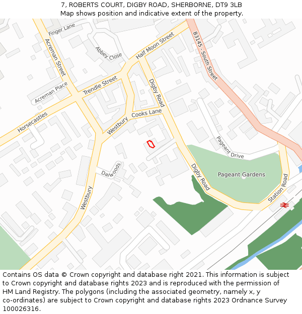 7, ROBERTS COURT, DIGBY ROAD, SHERBORNE, DT9 3LB: Location map and indicative extent of plot