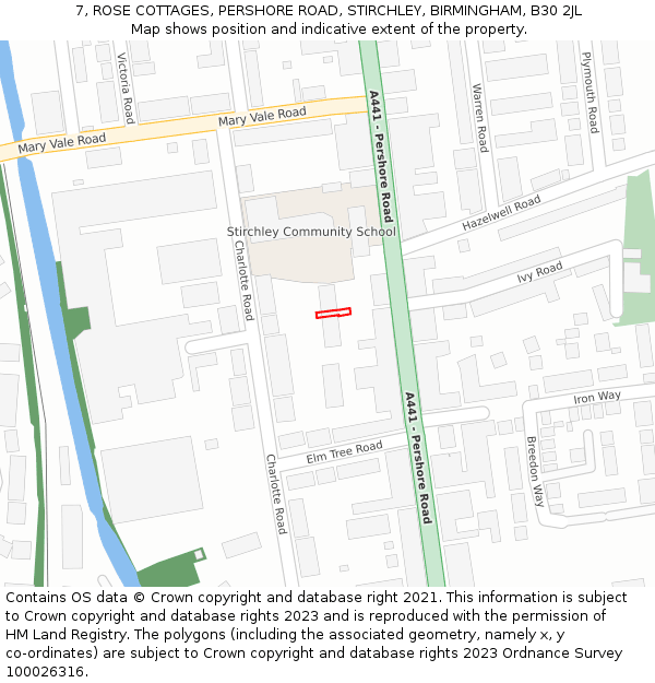 7, ROSE COTTAGES, PERSHORE ROAD, STIRCHLEY, BIRMINGHAM, B30 2JL: Location map and indicative extent of plot