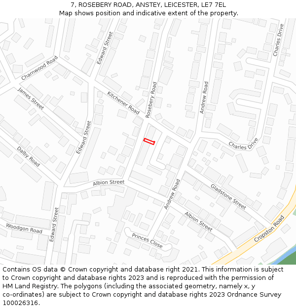 7, ROSEBERY ROAD, ANSTEY, LEICESTER, LE7 7EL: Location map and indicative extent of plot