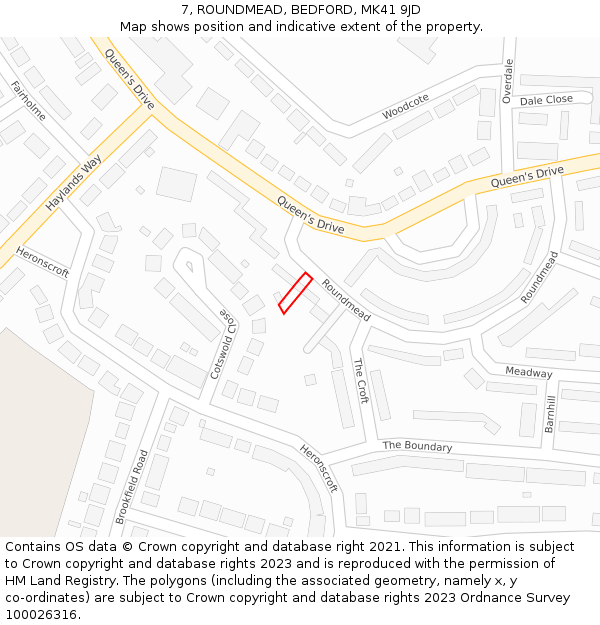 7, ROUNDMEAD, BEDFORD, MK41 9JD: Location map and indicative extent of plot
