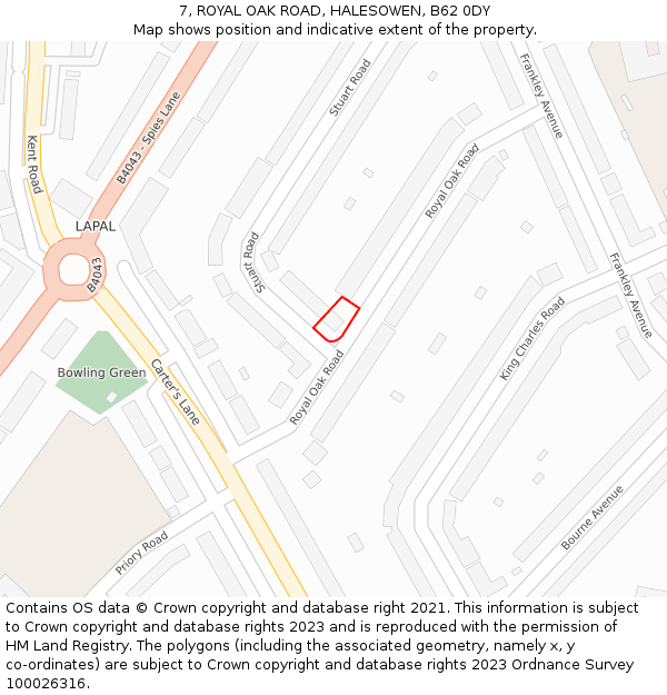 7, ROYAL OAK ROAD, HALESOWEN, B62 0DY: Location map and indicative extent of plot