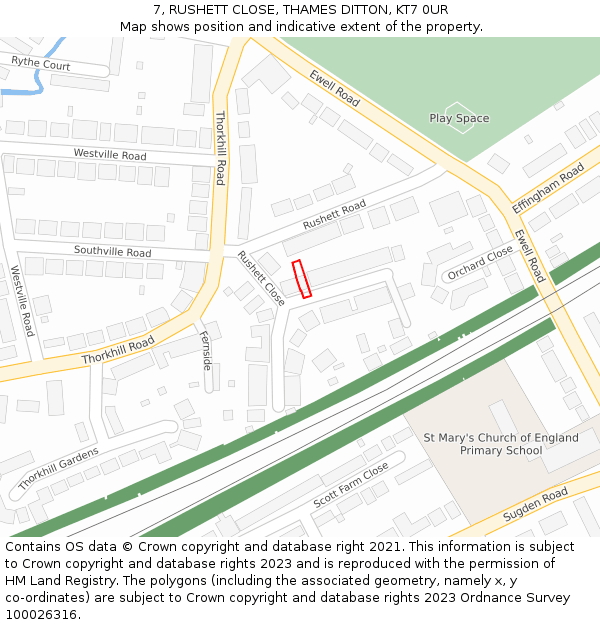 7, RUSHETT CLOSE, THAMES DITTON, KT7 0UR: Location map and indicative extent of plot