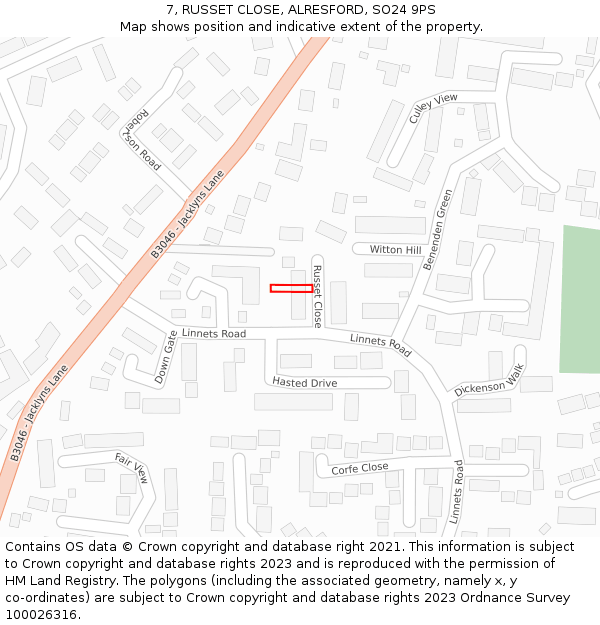 7, RUSSET CLOSE, ALRESFORD, SO24 9PS: Location map and indicative extent of plot