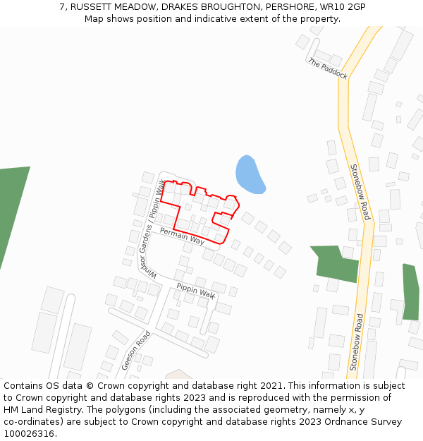 7, RUSSETT MEADOW, DRAKES BROUGHTON, PERSHORE, WR10 2GP: Location map and indicative extent of plot