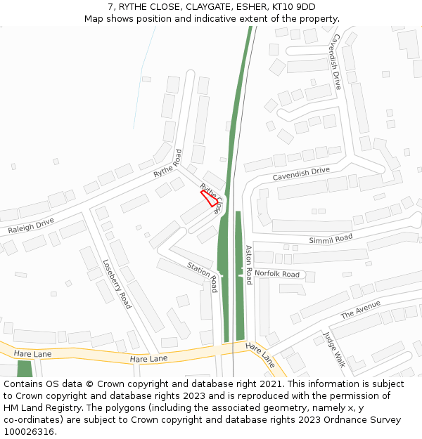 7, RYTHE CLOSE, CLAYGATE, ESHER, KT10 9DD: Location map and indicative extent of plot
