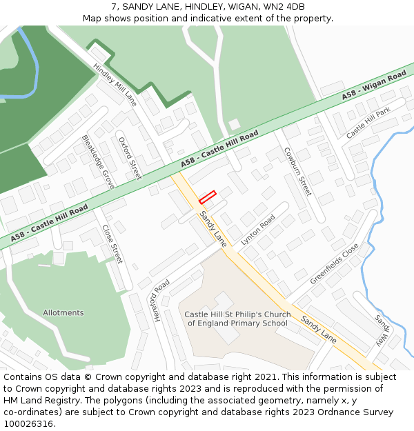 7, SANDY LANE, HINDLEY, WIGAN, WN2 4DB: Location map and indicative extent of plot