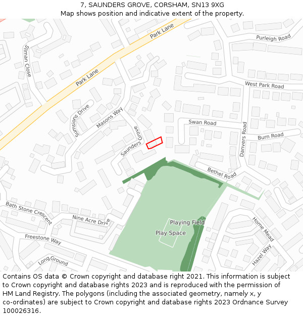 7, SAUNDERS GROVE, CORSHAM, SN13 9XG: Location map and indicative extent of plot