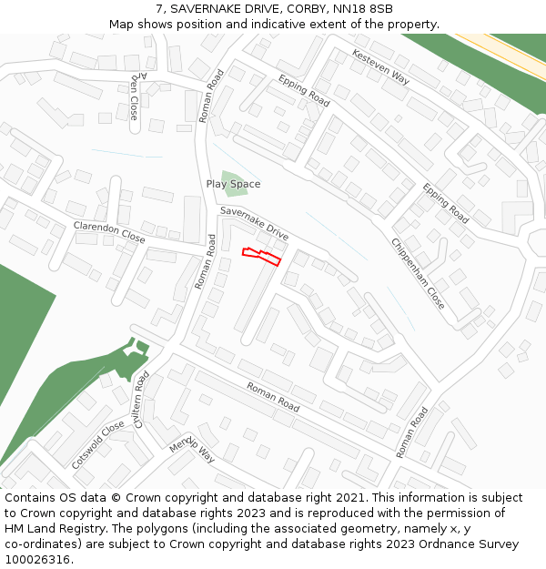 7, SAVERNAKE DRIVE, CORBY, NN18 8SB: Location map and indicative extent of plot