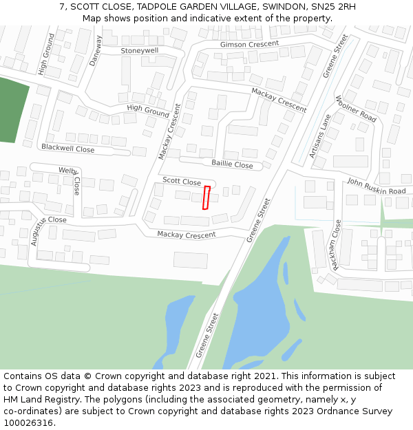 7, SCOTT CLOSE, TADPOLE GARDEN VILLAGE, SWINDON, SN25 2RH: Location map and indicative extent of plot