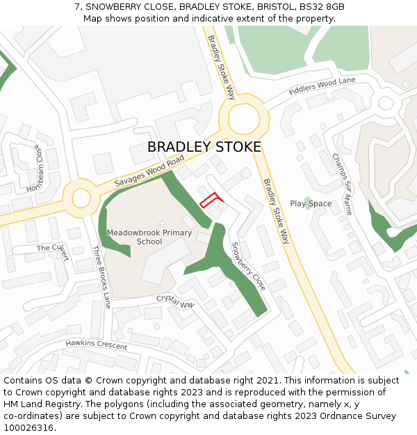 7, SNOWBERRY CLOSE, BRADLEY STOKE, BRISTOL, BS32 8GB: Location map and indicative extent of plot
