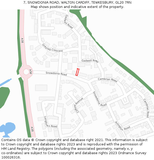7, SNOWDONIA ROAD, WALTON CARDIFF, TEWKESBURY, GL20 7RN: Location map and indicative extent of plot