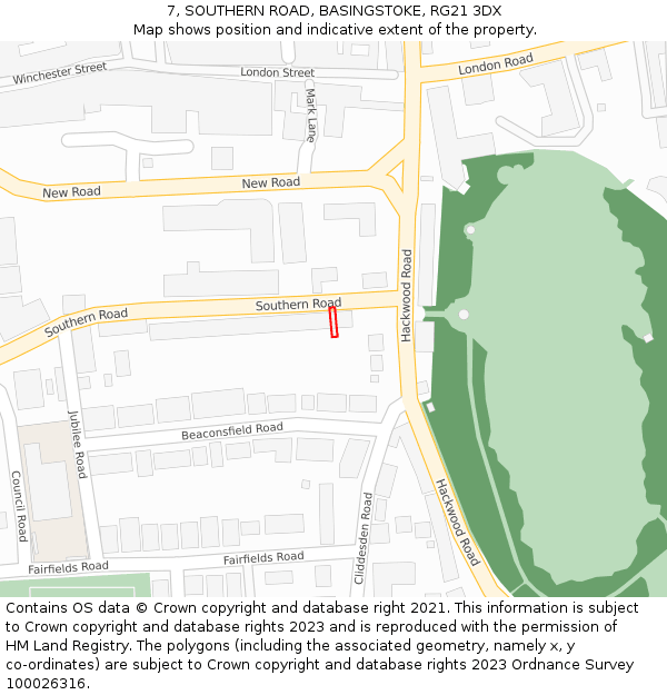 7, SOUTHERN ROAD, BASINGSTOKE, RG21 3DX: Location map and indicative extent of plot