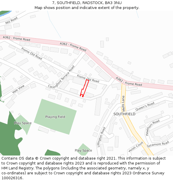 7, SOUTHFIELD, RADSTOCK, BA3 3NU: Location map and indicative extent of plot
