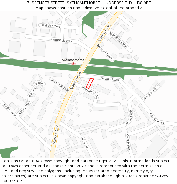 7, SPENCER STREET, SKELMANTHORPE, HUDDERSFIELD, HD8 9BE: Location map and indicative extent of plot