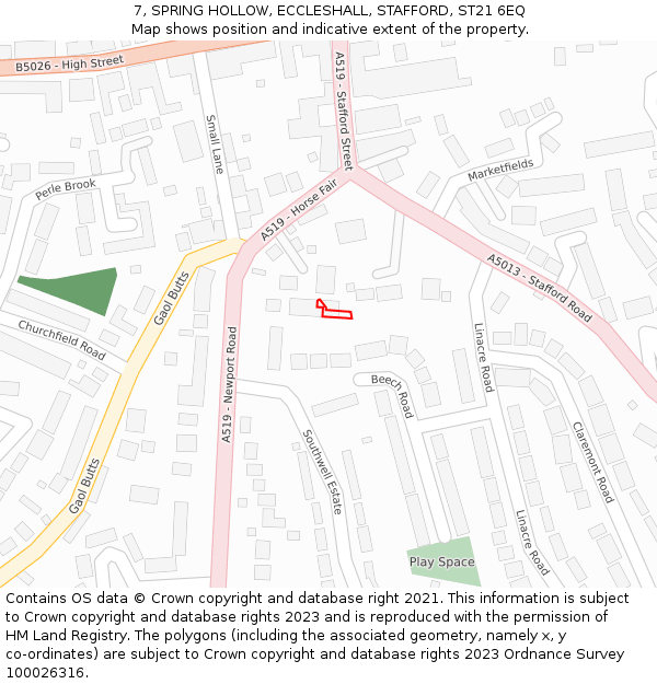 7, SPRING HOLLOW, ECCLESHALL, STAFFORD, ST21 6EQ: Location map and indicative extent of plot