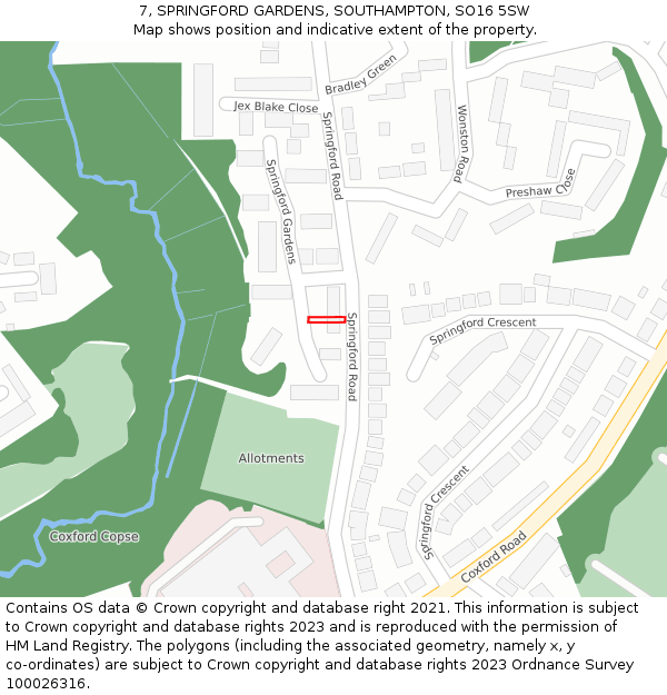 7, SPRINGFORD GARDENS, SOUTHAMPTON, SO16 5SW: Location map and indicative extent of plot