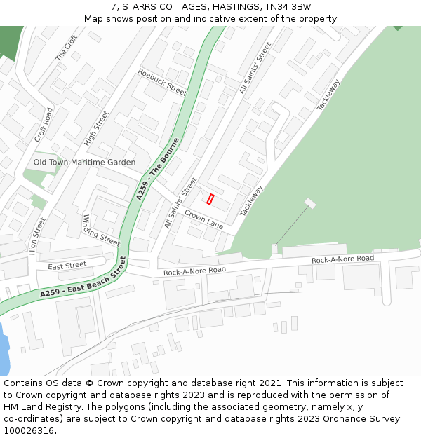 7, STARRS COTTAGES, HASTINGS, TN34 3BW: Location map and indicative extent of plot