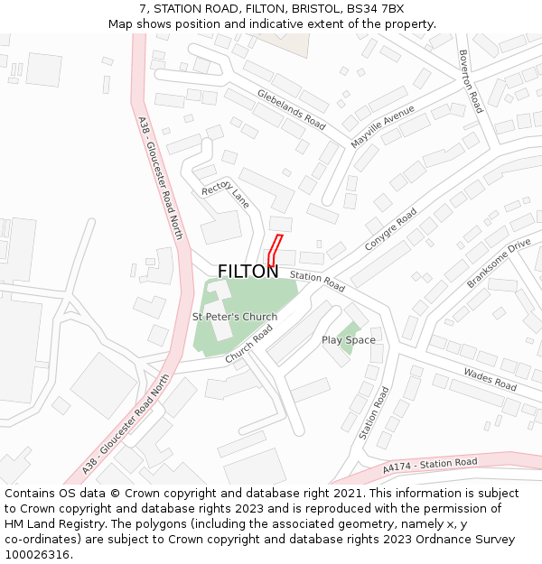 7, STATION ROAD, FILTON, BRISTOL, BS34 7BX: Location map and indicative extent of plot