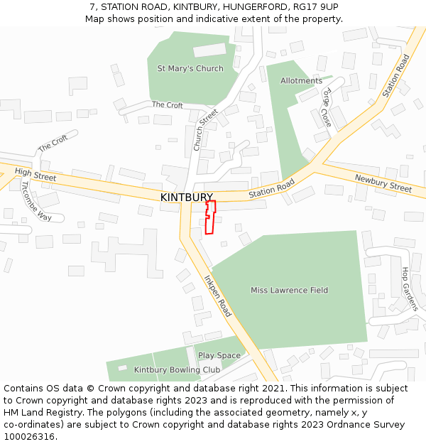 7, STATION ROAD, KINTBURY, HUNGERFORD, RG17 9UP: Location map and indicative extent of plot