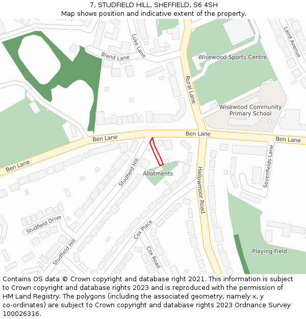 7, STUDFIELD HILL, SHEFFIELD, S6 4SH: Location map and indicative extent of plot