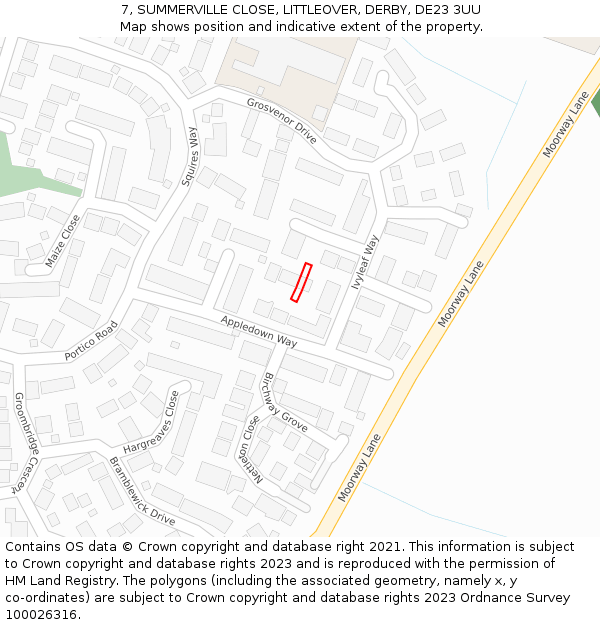 7, SUMMERVILLE CLOSE, LITTLEOVER, DERBY, DE23 3UU: Location map and indicative extent of plot
