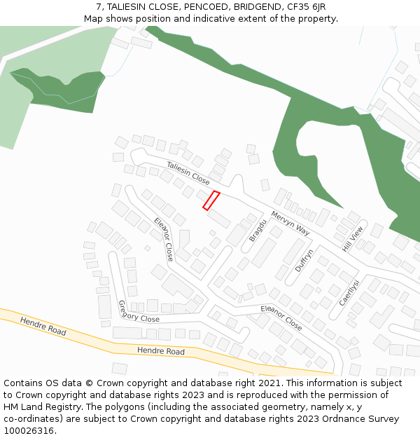 7, TALIESIN CLOSE, PENCOED, BRIDGEND, CF35 6JR: Location map and indicative extent of plot