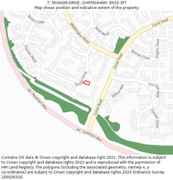 7, TAVINOR DRIVE, CHIPPENHAM, SN15 3FT: Location map and indicative extent of plot