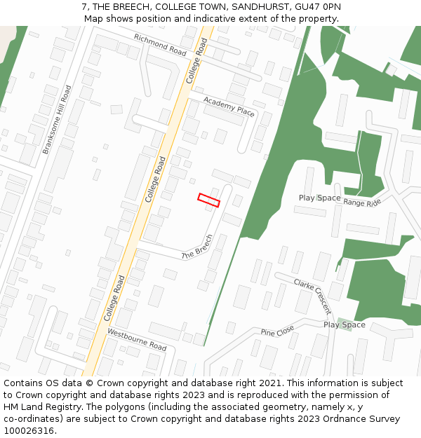 7, THE BREECH, COLLEGE TOWN, SANDHURST, GU47 0PN: Location map and indicative extent of plot