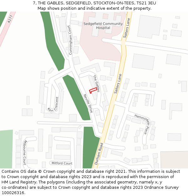 7, THE GABLES, SEDGEFIELD, STOCKTON-ON-TEES, TS21 3EU: Location map and indicative extent of plot