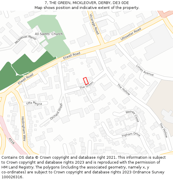 7, THE GREEN, MICKLEOVER, DERBY, DE3 0DE: Location map and indicative extent of plot