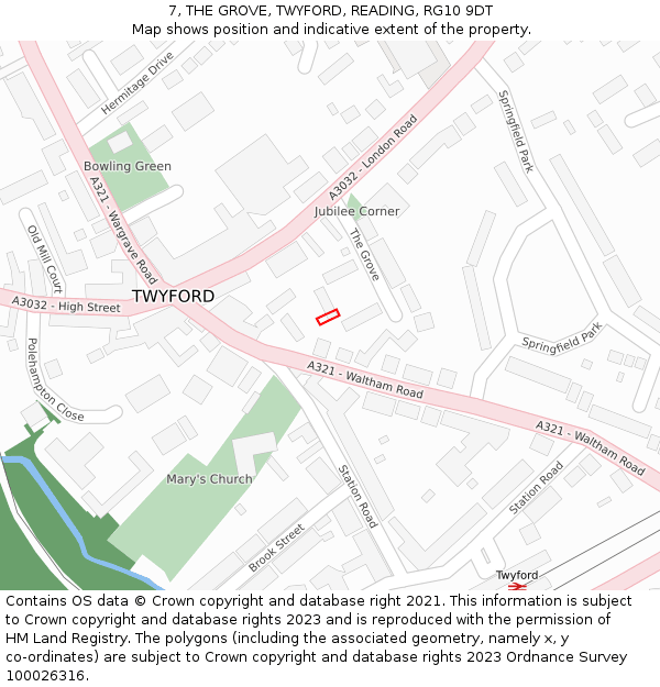 7, THE GROVE, TWYFORD, READING, RG10 9DT: Location map and indicative extent of plot