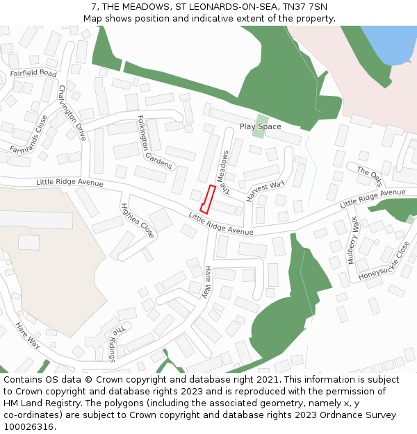 7, THE MEADOWS, ST LEONARDS-ON-SEA, TN37 7SN: Location map and indicative extent of plot