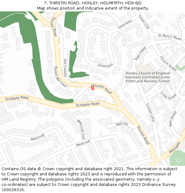 7, THIRSTIN ROAD, HONLEY, HOLMFIRTH, HD9 6JG: Location map and indicative extent of plot