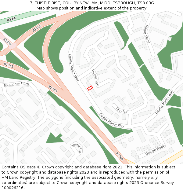 7, THISTLE RISE, COULBY NEWHAM, MIDDLESBROUGH, TS8 0RG: Location map and indicative extent of plot