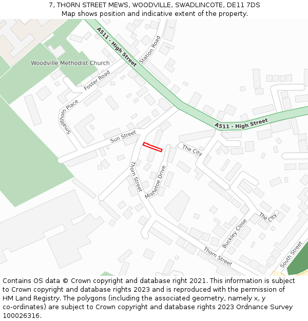 7, THORN STREET MEWS, WOODVILLE, SWADLINCOTE, DE11 7DS: Location map and indicative extent of plot