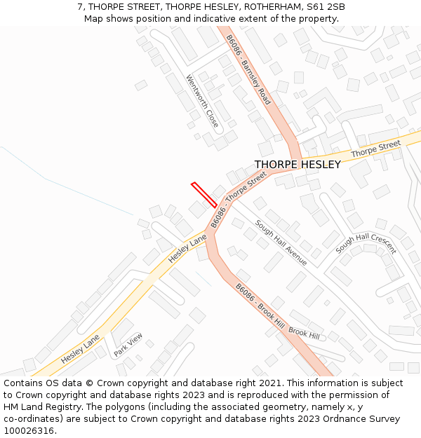 7, THORPE STREET, THORPE HESLEY, ROTHERHAM, S61 2SB: Location map and indicative extent of plot