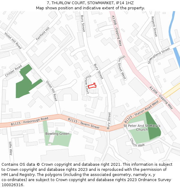 7, THURLOW COURT, STOWMARKET, IP14 1HZ: Location map and indicative extent of plot