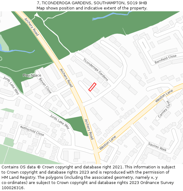 7, TICONDEROGA GARDENS, SOUTHAMPTON, SO19 9HB: Location map and indicative extent of plot
