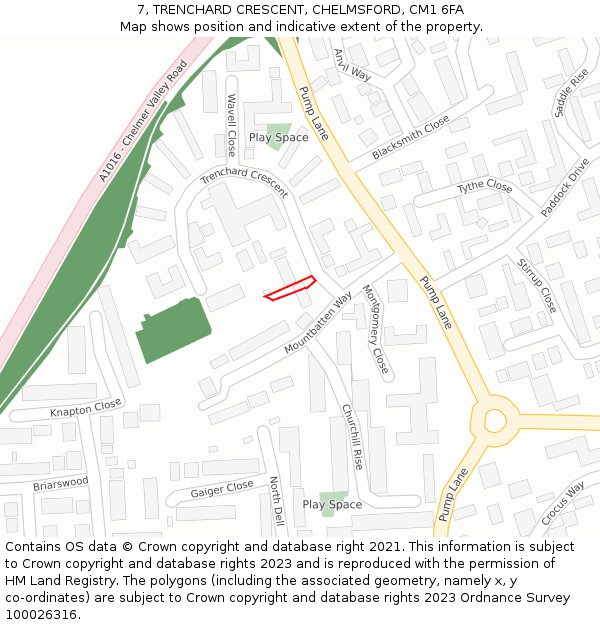 7, TRENCHARD CRESCENT, CHELMSFORD, CM1 6FA: Location map and indicative extent of plot