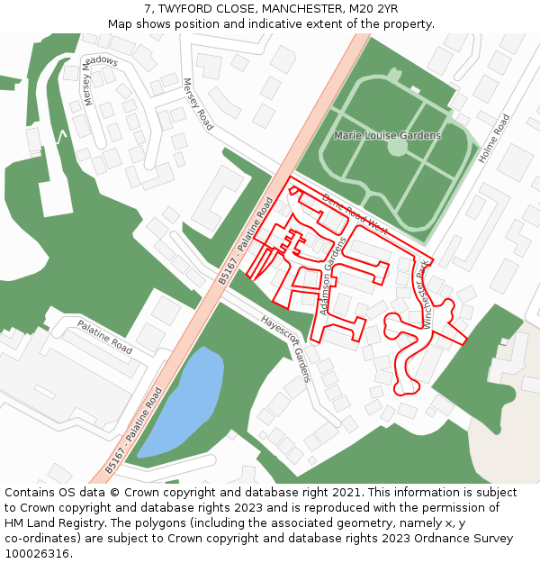7, TWYFORD CLOSE, MANCHESTER, M20 2YR: Location map and indicative extent of plot