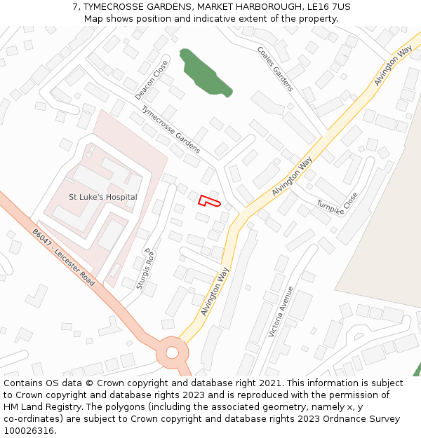 7, TYMECROSSE GARDENS, MARKET HARBOROUGH, LE16 7US: Location map and indicative extent of plot
