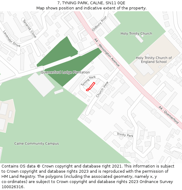 7, TYNING PARK, CALNE, SN11 0QE: Location map and indicative extent of plot