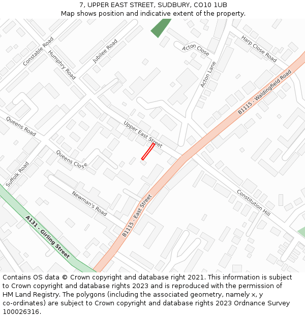 7, UPPER EAST STREET, SUDBURY, CO10 1UB: Location map and indicative extent of plot