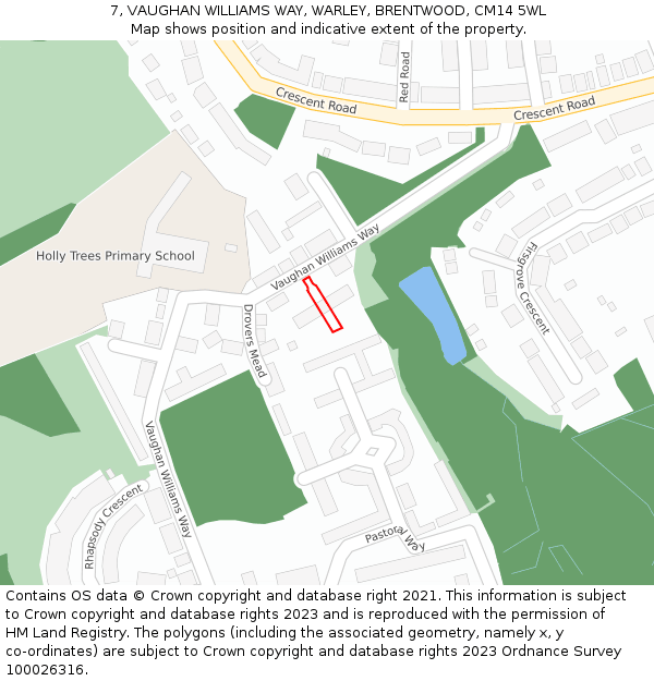7, VAUGHAN WILLIAMS WAY, WARLEY, BRENTWOOD, CM14 5WL: Location map and indicative extent of plot