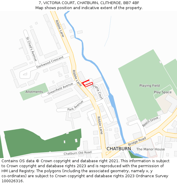 7, VICTORIA COURT, CHATBURN, CLITHEROE, BB7 4BF: Location map and indicative extent of plot