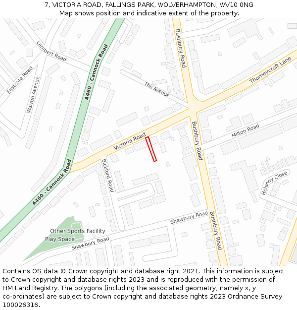 7, VICTORIA ROAD, FALLINGS PARK, WOLVERHAMPTON, WV10 0NG: Location map and indicative extent of plot