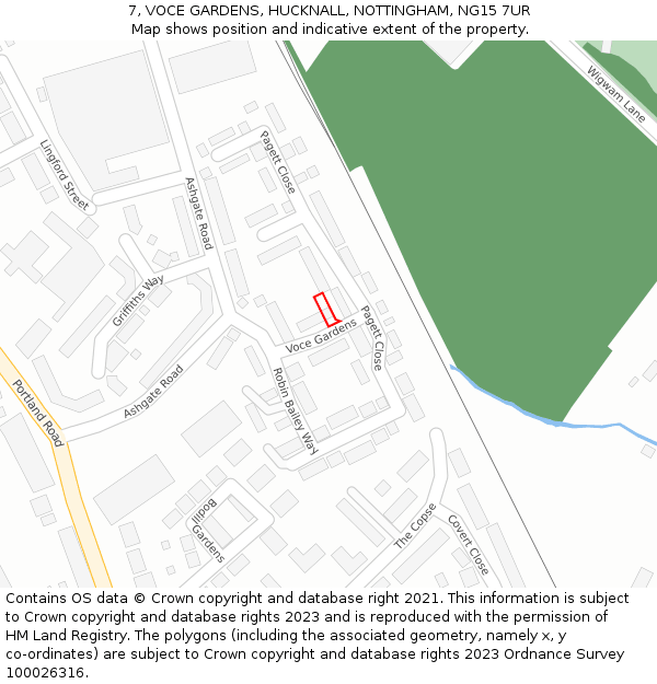 7, VOCE GARDENS, HUCKNALL, NOTTINGHAM, NG15 7UR: Location map and indicative extent of plot